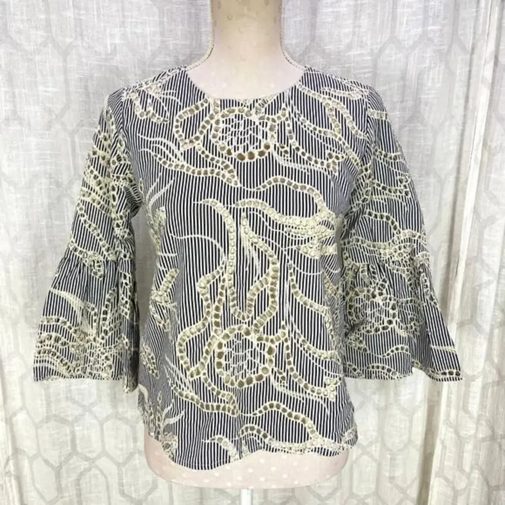 Anthropologie Matison Stone Eyelet Lace Top Size XS Blue Stripe Bell Sleeve‎